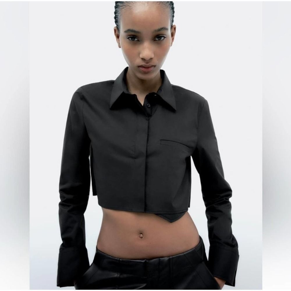 Zara NWT Long Sleeve Cropped Button Down Shirt Blouse Black Size XS Front Pocket